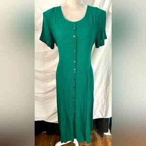 Vintage 80s/90s Chiasso Minimalist Deep Green Tie Back Midi Dress, Size 12